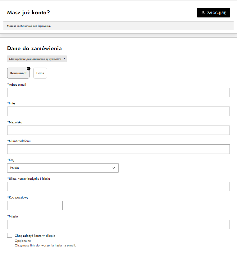 Panel do wprowadzenia danych kupującego