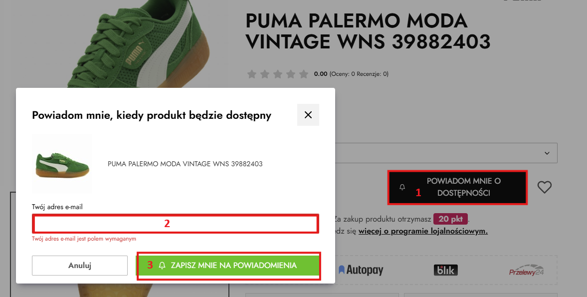 Opcja powiadomienia o dostępności produktu w sklepie Walk In Style